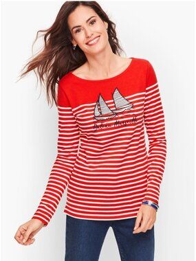 Authentic Talbots Bateau Marseille Stripe Nautical Tee Top M Red Sailboat Preppy